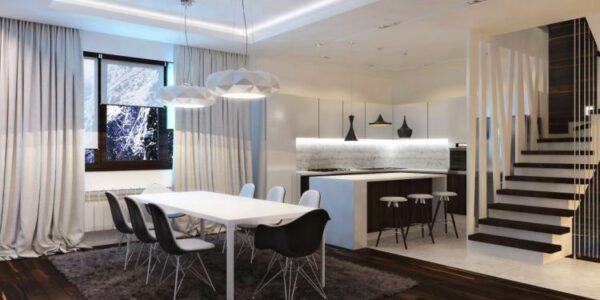 Desain Ruang Makan Nuansa Putih Stylish Dengan Lampu Gantung Mewah